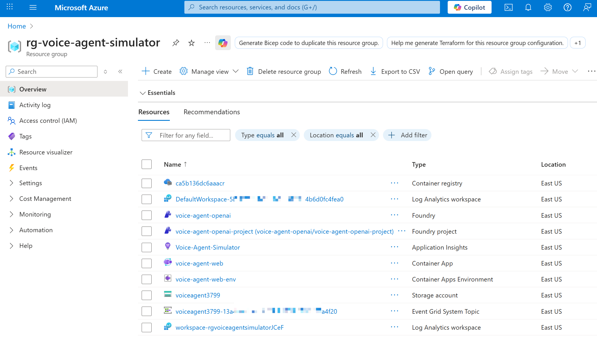 Azure Portal showing all deployed resources